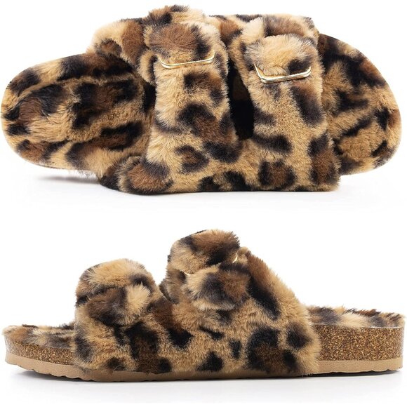 Women's Leopard Cozy Lining Faux Rabbit Fur Cork Open Slipper Sandals Shoes - Picture 6 of 7
